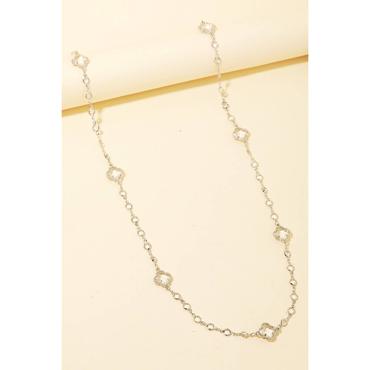 Sparkling Clover Chain Drape Necklace- Silver